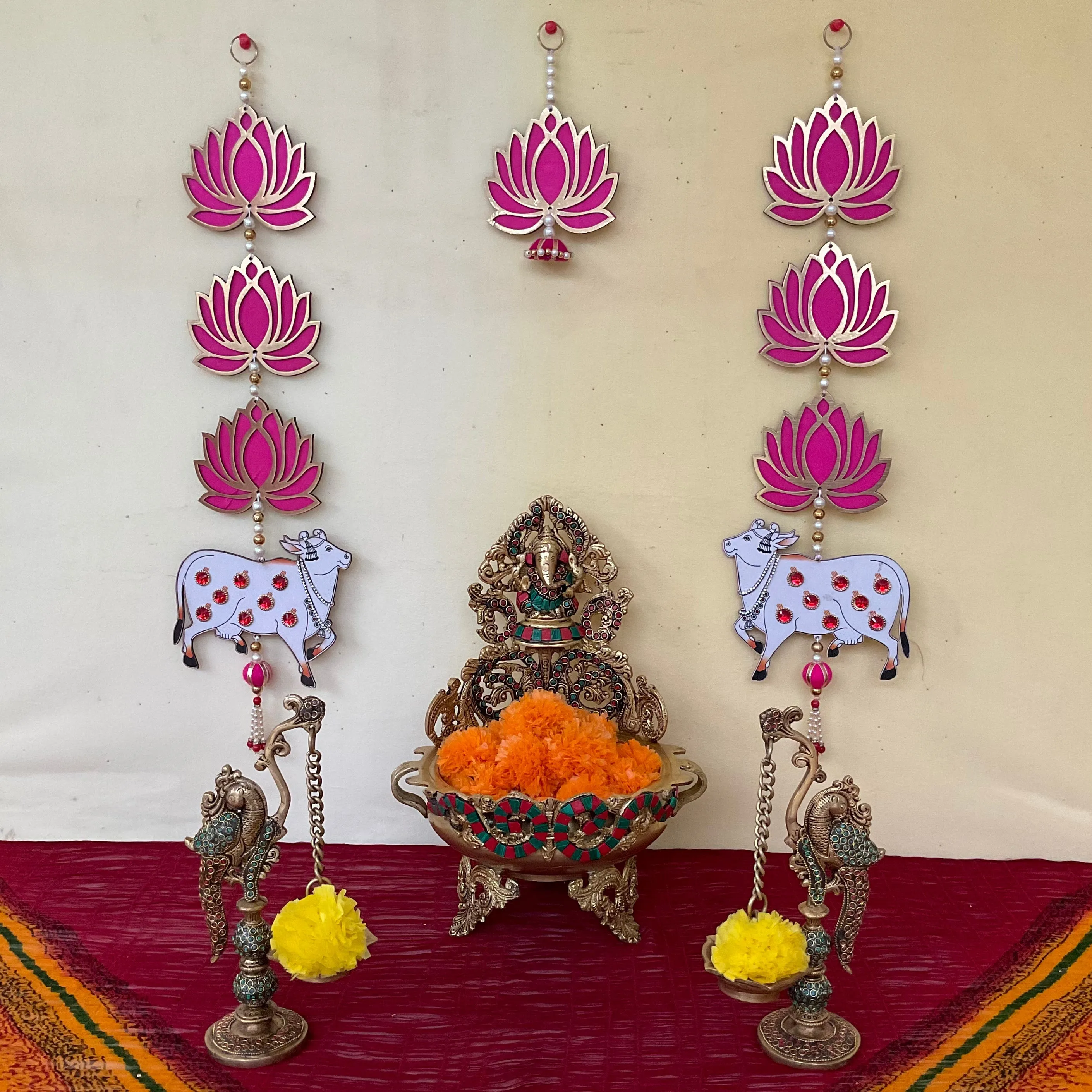 12.5 Inches Stonework Decorative Brass Urli With Lord Ganesha, 8.5 Inches Peacock Hanging Diya & Lotus Cow hanging - Festive Decor