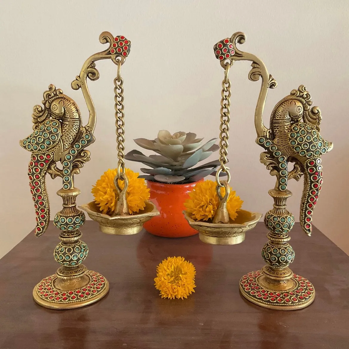 12.5 Inches Stonework Decorative Brass Urli With Lord Ganesha, 8.5 Inches Peacock Hanging Diya & Lotus Cow hanging - Festive Decor