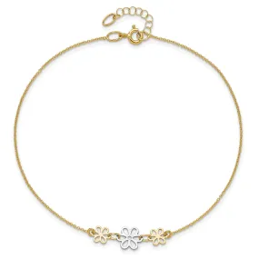 14k Real Two-tone Yellow Gold Three Flower Charm Adjustable Anklet, 9 Inches to 10 Inches