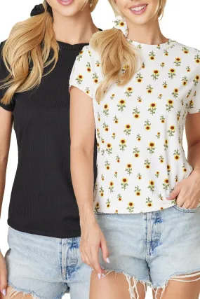 2 Pack Rib Knit Tops with Matching Hair Scrunchie - Sunflowers   Solid Black