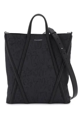 ALEXANDER MCQUEEN Men's Black Nylon Tote Bag with All-Over Graffiti Print and Harness Detail