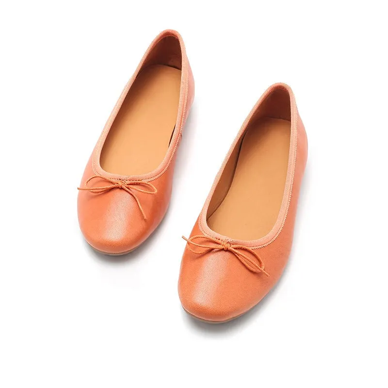 Bow-Detail Round Toe Sheepskin Ballerina Shoes 12 colors