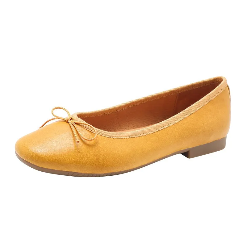 Bow-Detail Round Toe Sheepskin Ballerina Shoes 12 colors