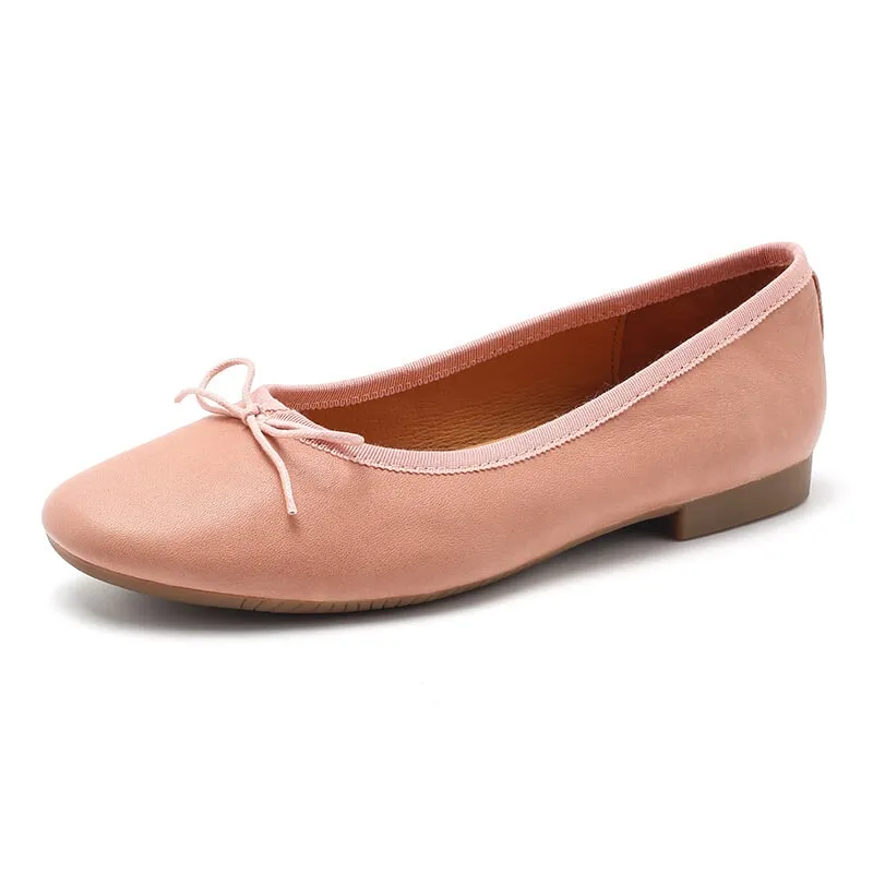 Bow-Detail Round Toe Sheepskin Ballerina Shoes 12 colors