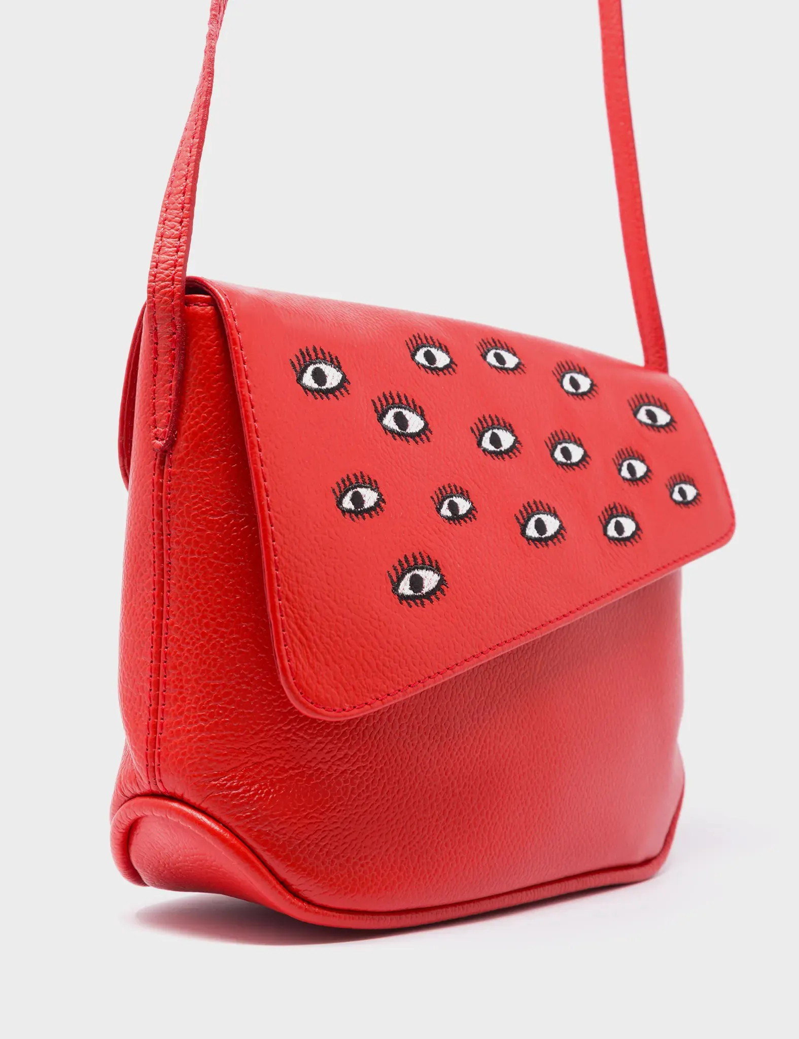 Bruno Mini Crossbody Red Leather Bag - All Over Eyes Embroidery