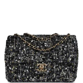 Chanel Mini Single Flap Bag Black, Blue and Gold Sequin & Tweed Gold Hardware