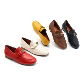 Classic Camellia-Detailed Sheepskin Loafers for Women in Beige/Yellow/Black/Khaki/Red