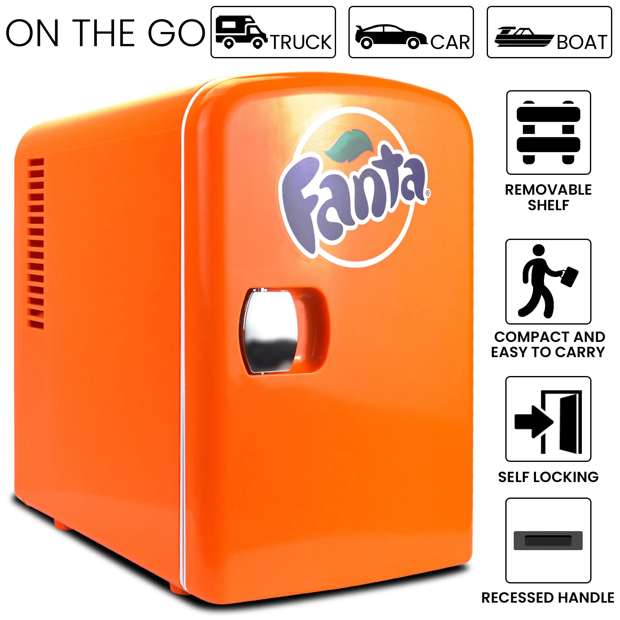 Coca-Cola Fanta 4L Cooler/Warmer w/ 12V DC and 110V AC Cords, 6 Can Portable Mini Fridge, Personal Travel Refrigerator for Snacks Lunch Drinks Cosmetics, Desk Home Office Dorm, Orange