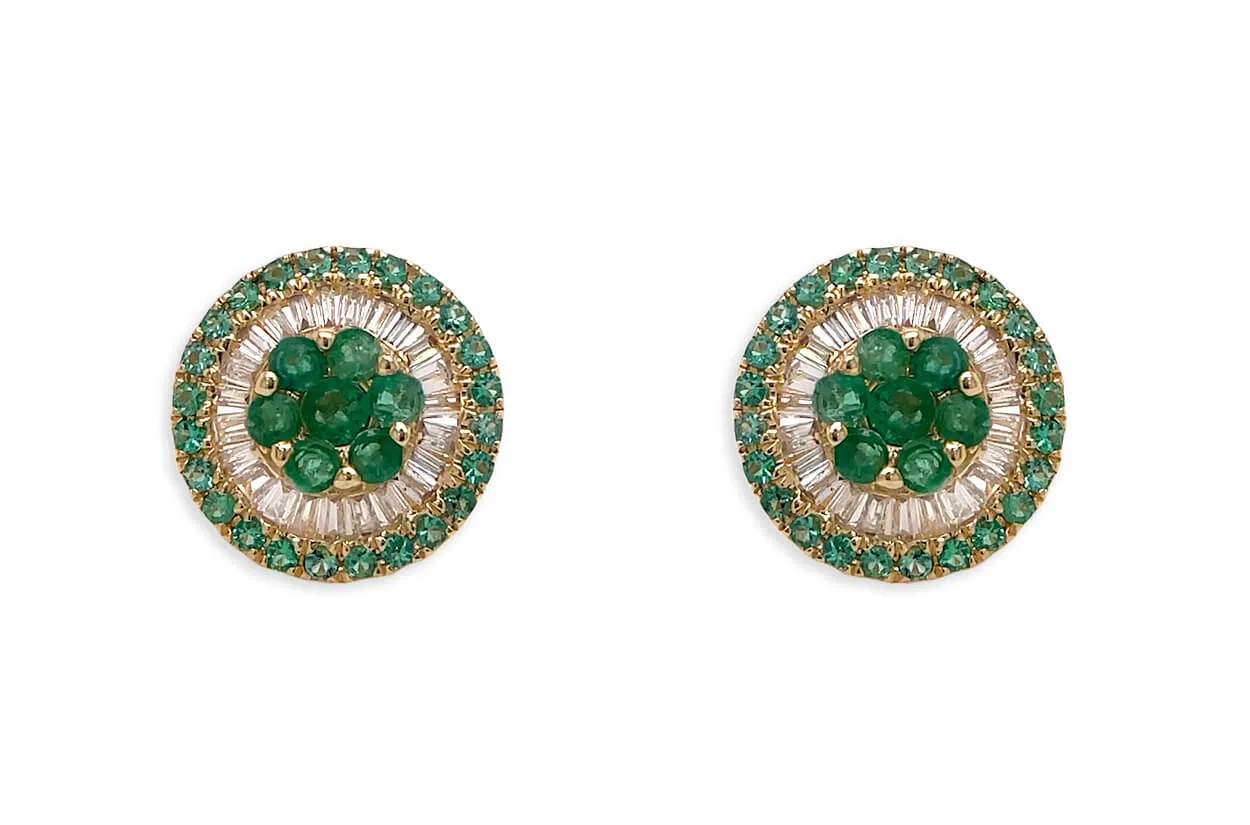 Earrings 18kt Gold Center-Border Emeralds & Diamonds Pizza