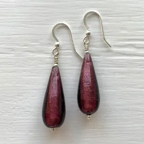 Earrings with dark amethyst (purple) Murano glass long pear drops on silver or gold hooks