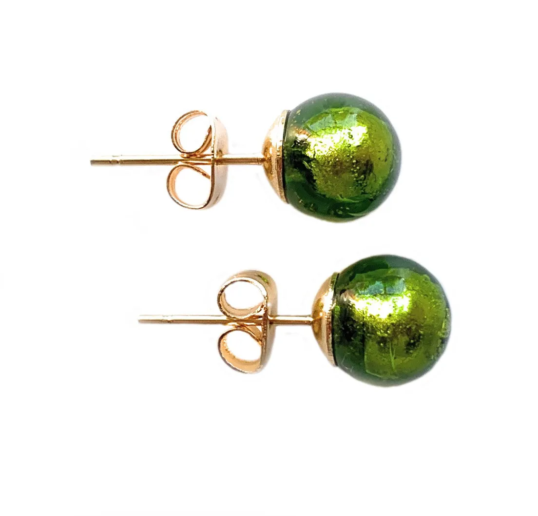 Earrings with olive green Murano glass sphere studs on 24ct gold plated posts