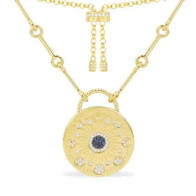 Embellished Sun & Moon Medal Adjustable Necklace - Yellow Silver