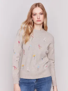 Embroidered Round Neck Sweater - Almond