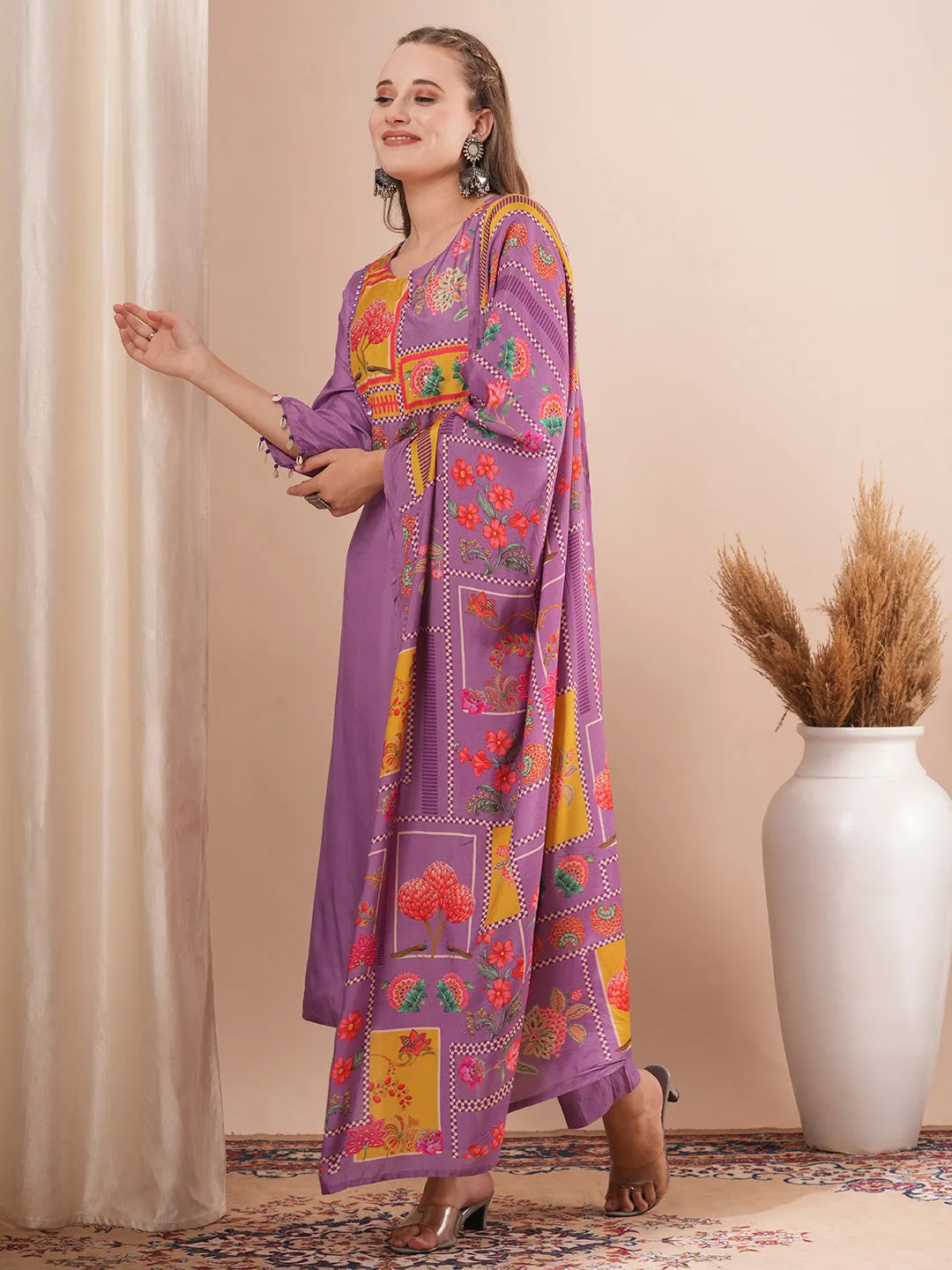 Ethnic Floral Printed & Hand Embroidered Straight Fit Kurta with Pant and Dupatta - Purple