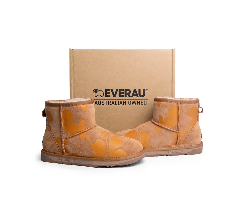 EVERAU® UGG Boots Sheepskin Wool Yellow Floral Print Mini Classic Suede EU40