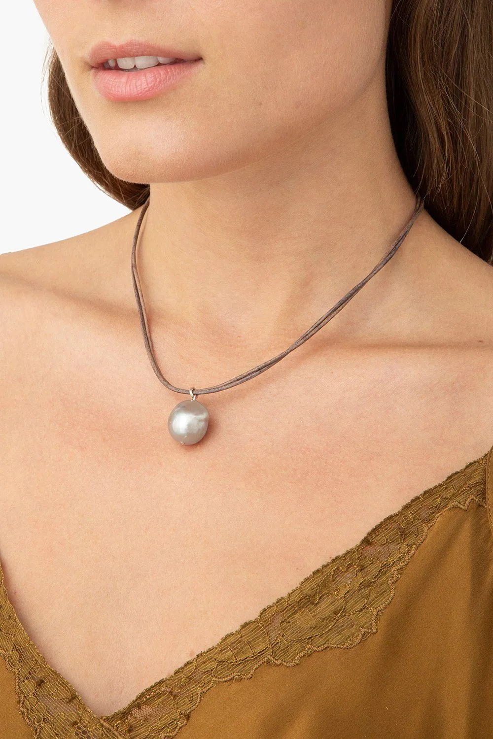 Grey Baroque Pearl on Leather Cord Necklace