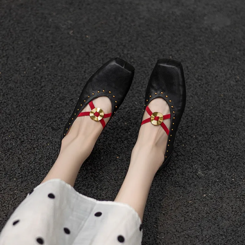 Handmade Leather Mary Jane Shoes Cross Strap Ballet Flats in Yellow/Black/Brown