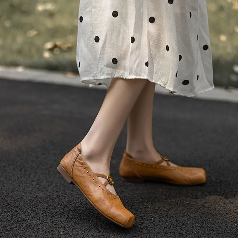 Handmade Leather Mary Jane Shoes Cross Strap Ballet Flats in Yellow/Black/Brown