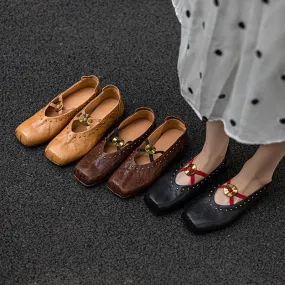 Handmade Leather Mary Jane Shoes Cross Strap Ballet Flats in Yellow/Black/Brown