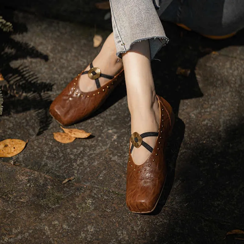 Handmade Leather Mary Jane Shoes Cross Strap Ballet Flats in Yellow/Black/Brown