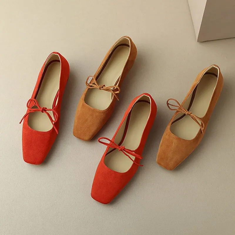 Handmade Leather Square Toe Flats in Red/Yellow