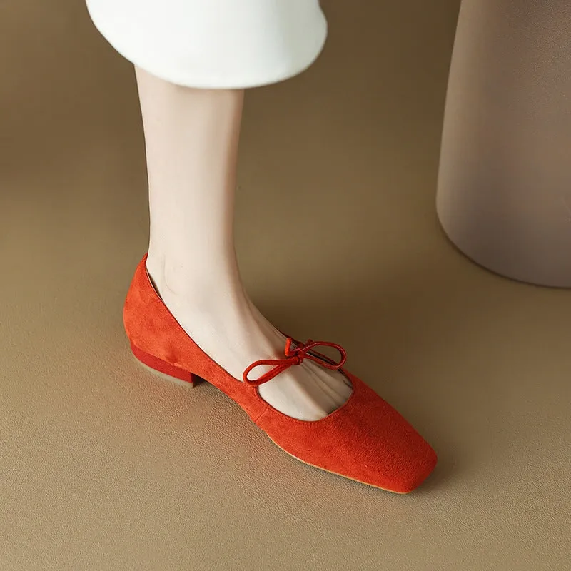 Handmade Leather Square Toe Flats in Red/Yellow