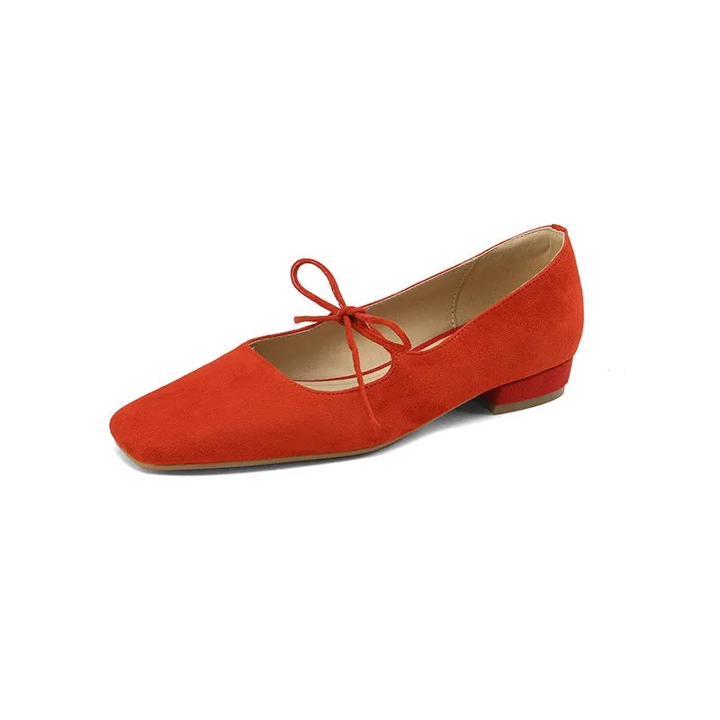 Handmade Leather Square Toe Flats in Red/Yellow