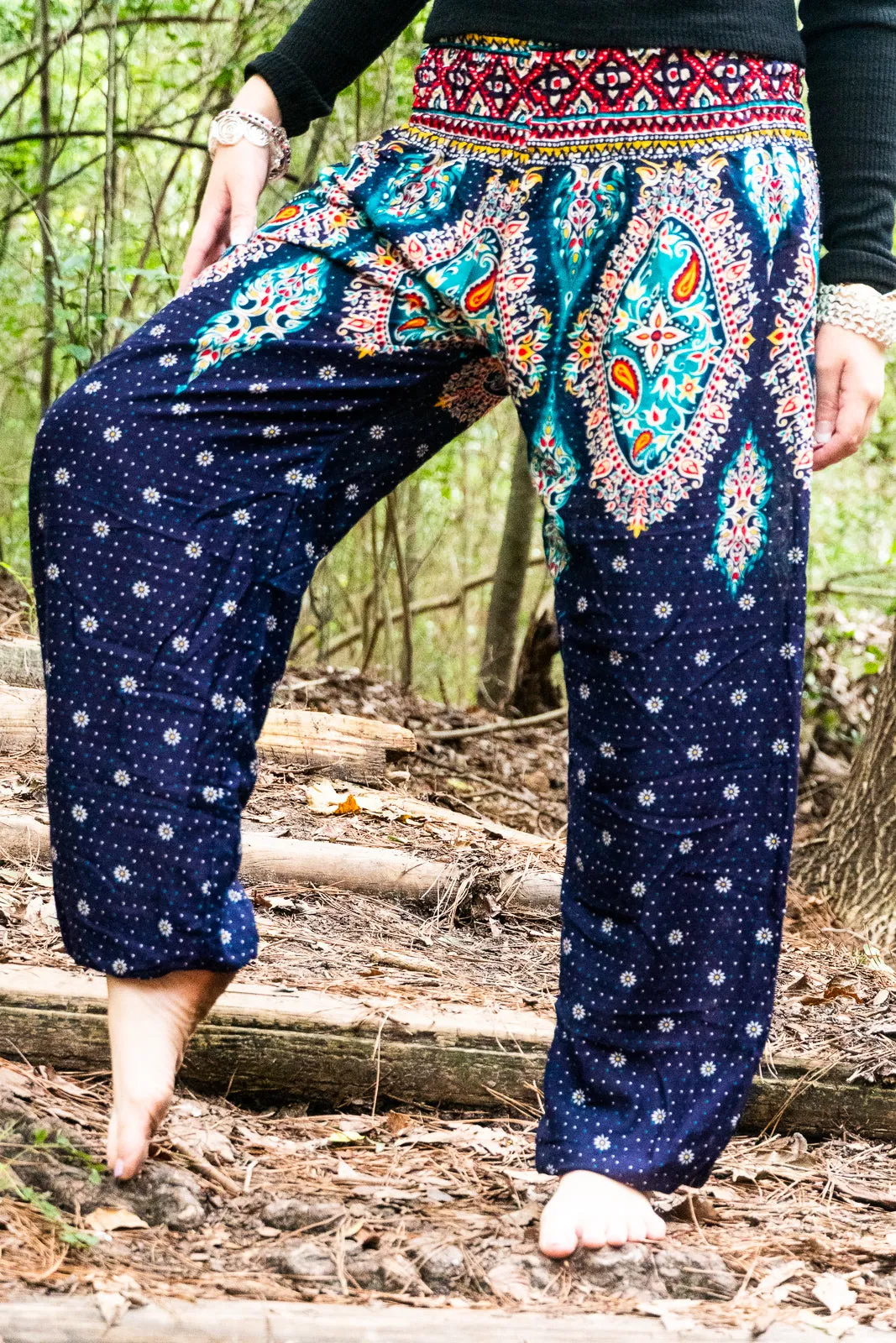 Indigo Diamond Flower Harem Pants