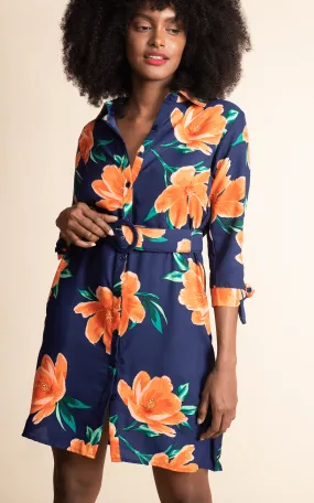 Jonah Mini Shirt Dress in Orange on Navy Tulip