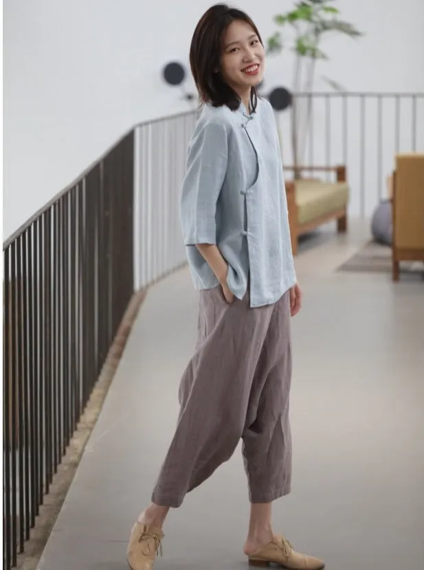 Light Grey Linen Cheongsam Top