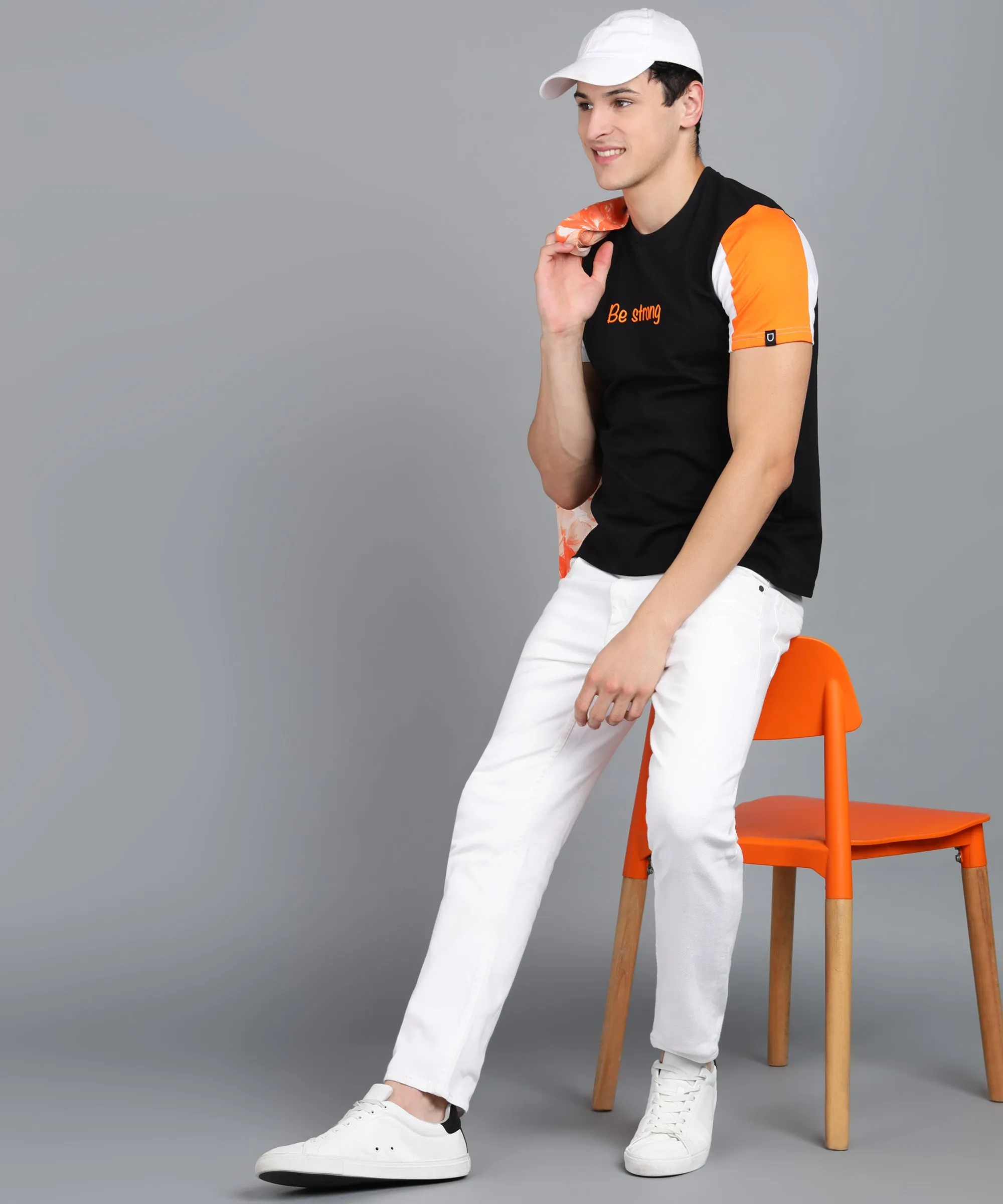 Men's Black, Orange, White Cotton Color-Block Slim Fit Half Sleeve T-Shirt