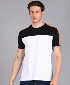 Men's Black, White, Orange Cotton Color-Block Slim Fit Half Sleeve T-Shirt