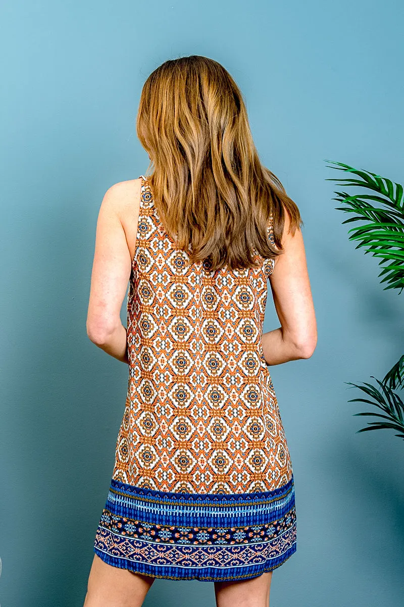 Multi Color Aztec Print Sleeveless Tunic Style Mini Dress in Orange & Blue (D91783-E)