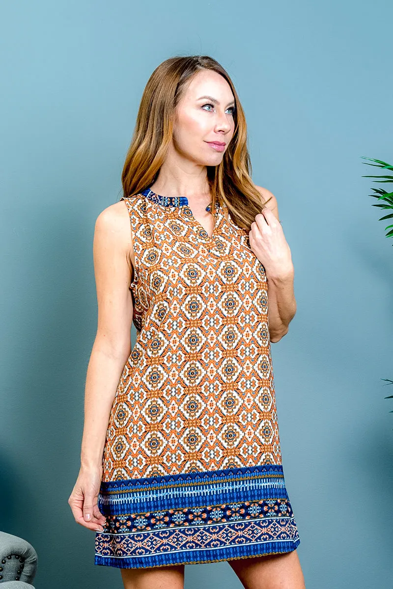 Multi Color Aztec Print Sleeveless Tunic Style Mini Dress in Orange & Blue (D91783-E)