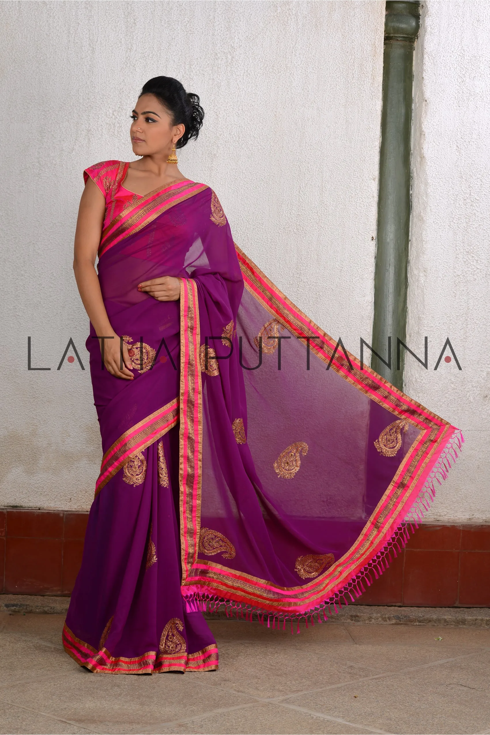 Mythili - Purple georgette saree with thread and sequence motifs