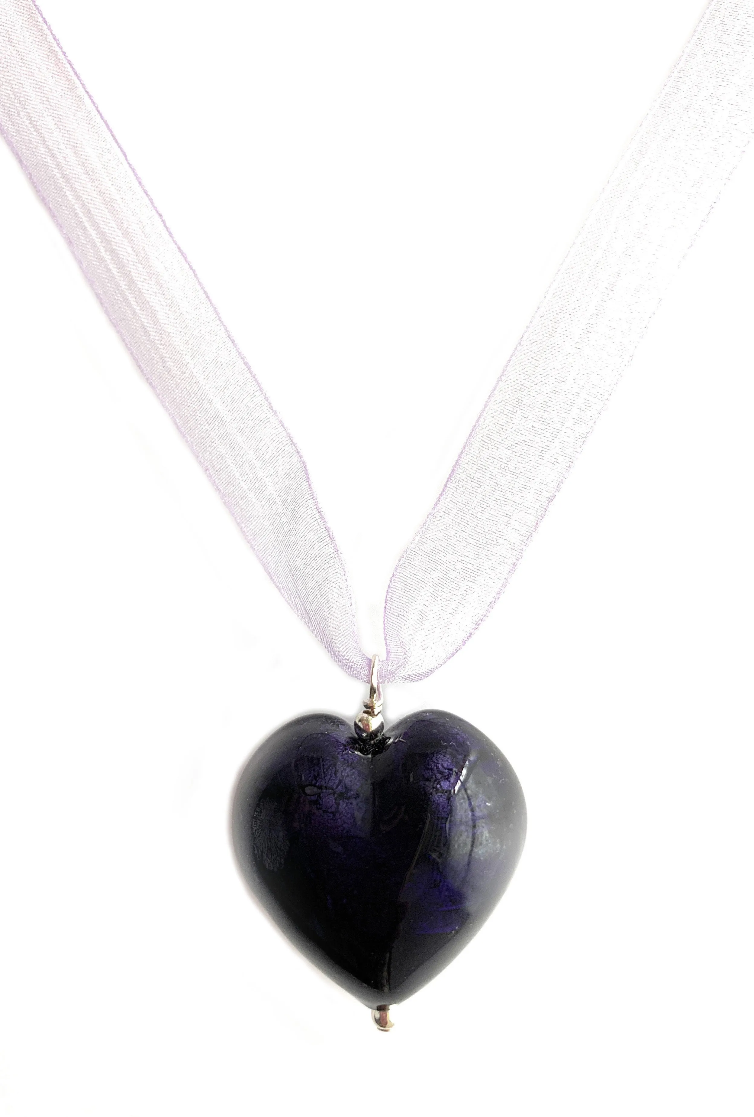 Necklace with purple velvet Murano glass large heart pendant on organza ribbon