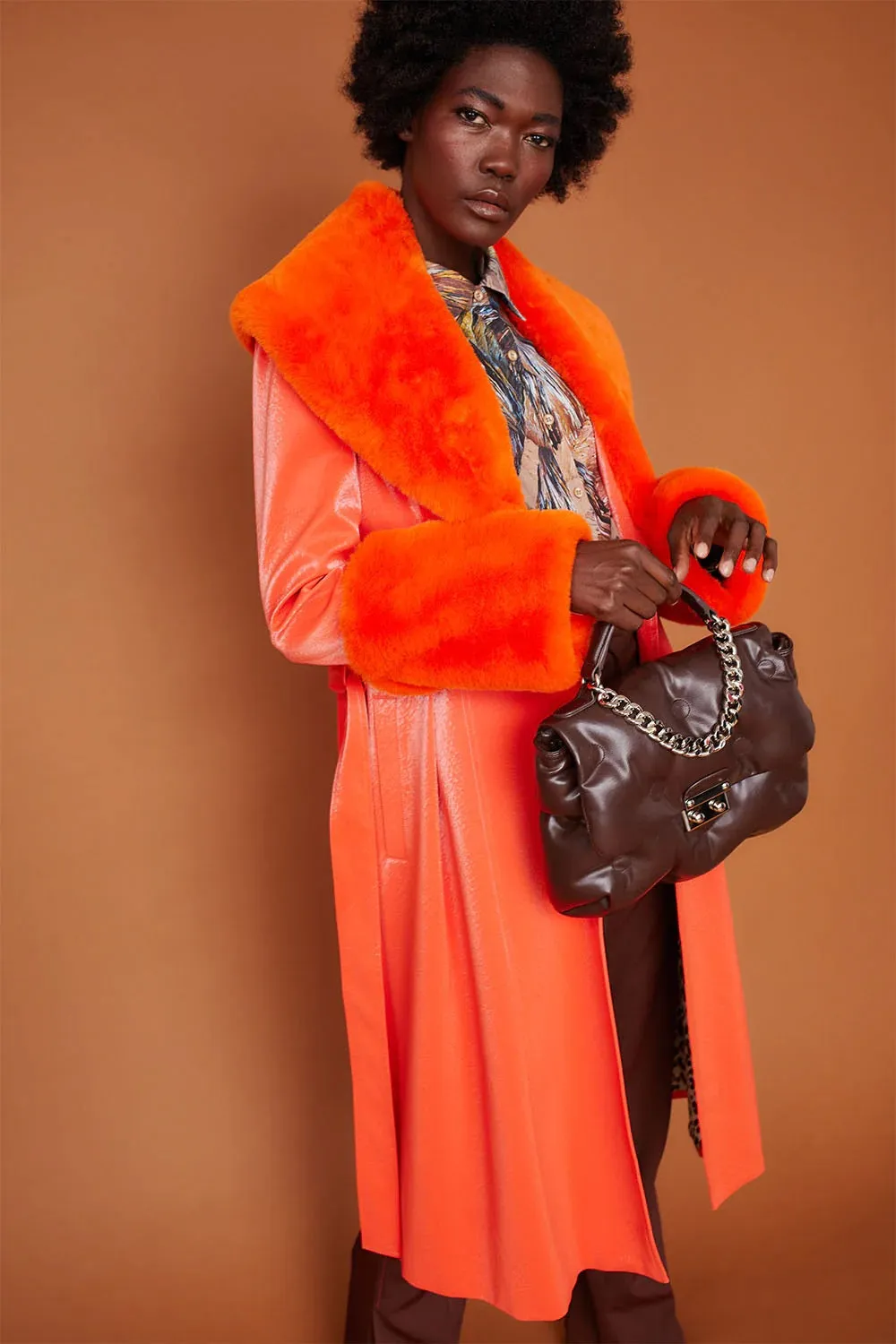 Orange Faux Suede Trench Coat with Faux Fur Collar and Cuffs