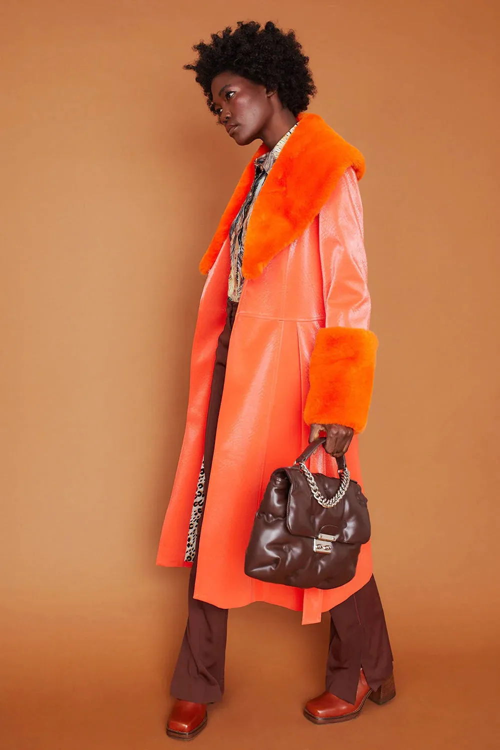 Orange Faux Suede Trench Coat with Faux Fur Collar and Cuffs