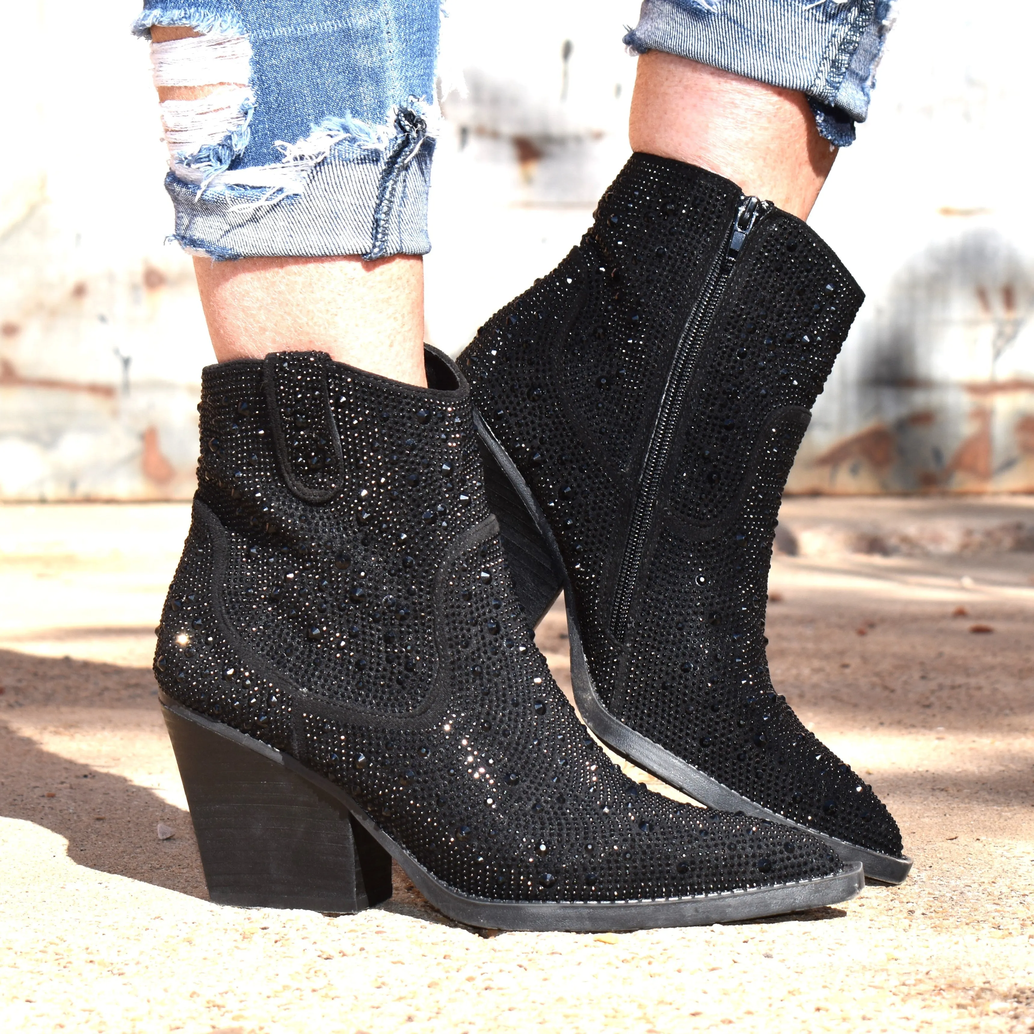 "Kady" Black Rhinestone Booties