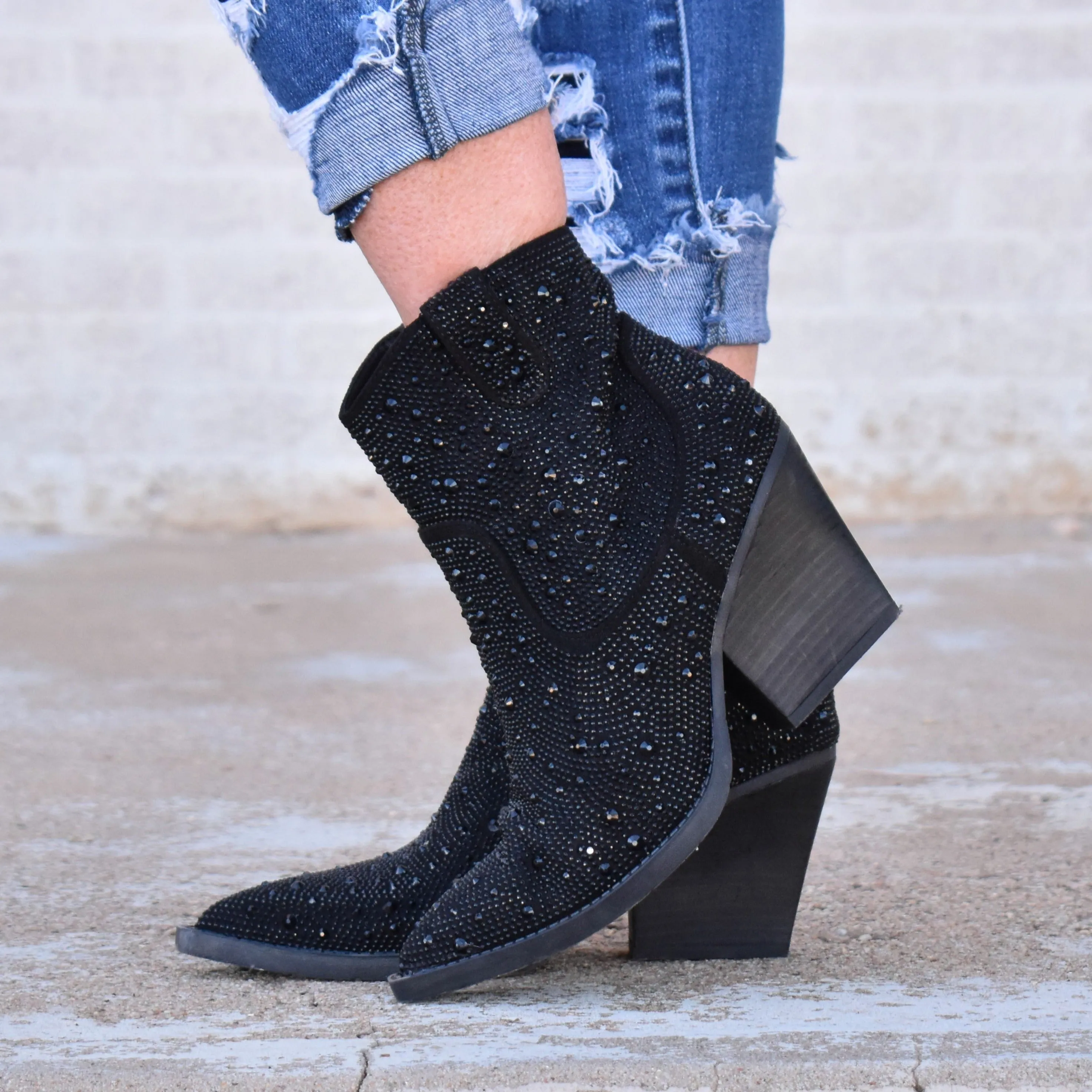 "Kady" Black Rhinestone Booties