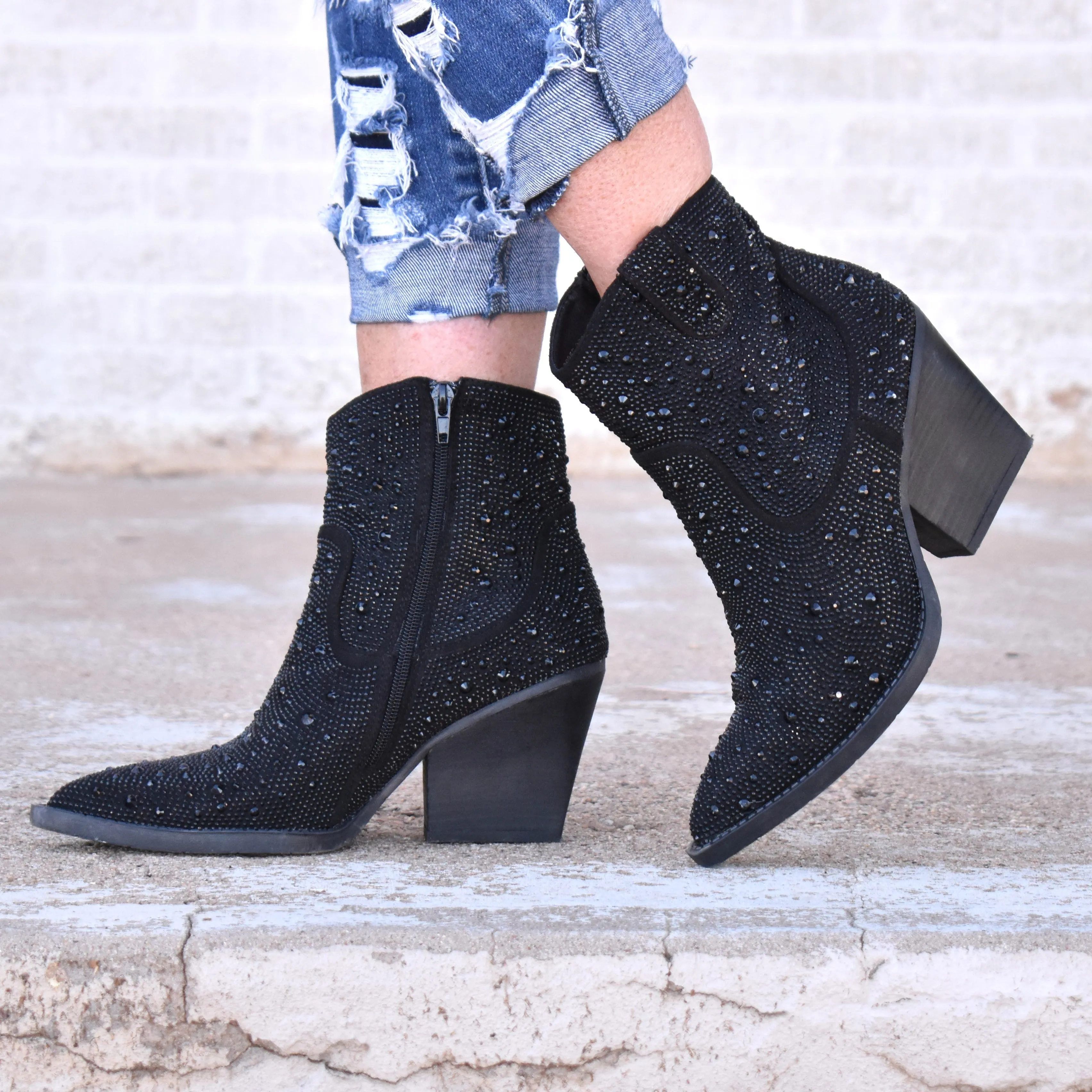 "Kady" Black Rhinestone Booties