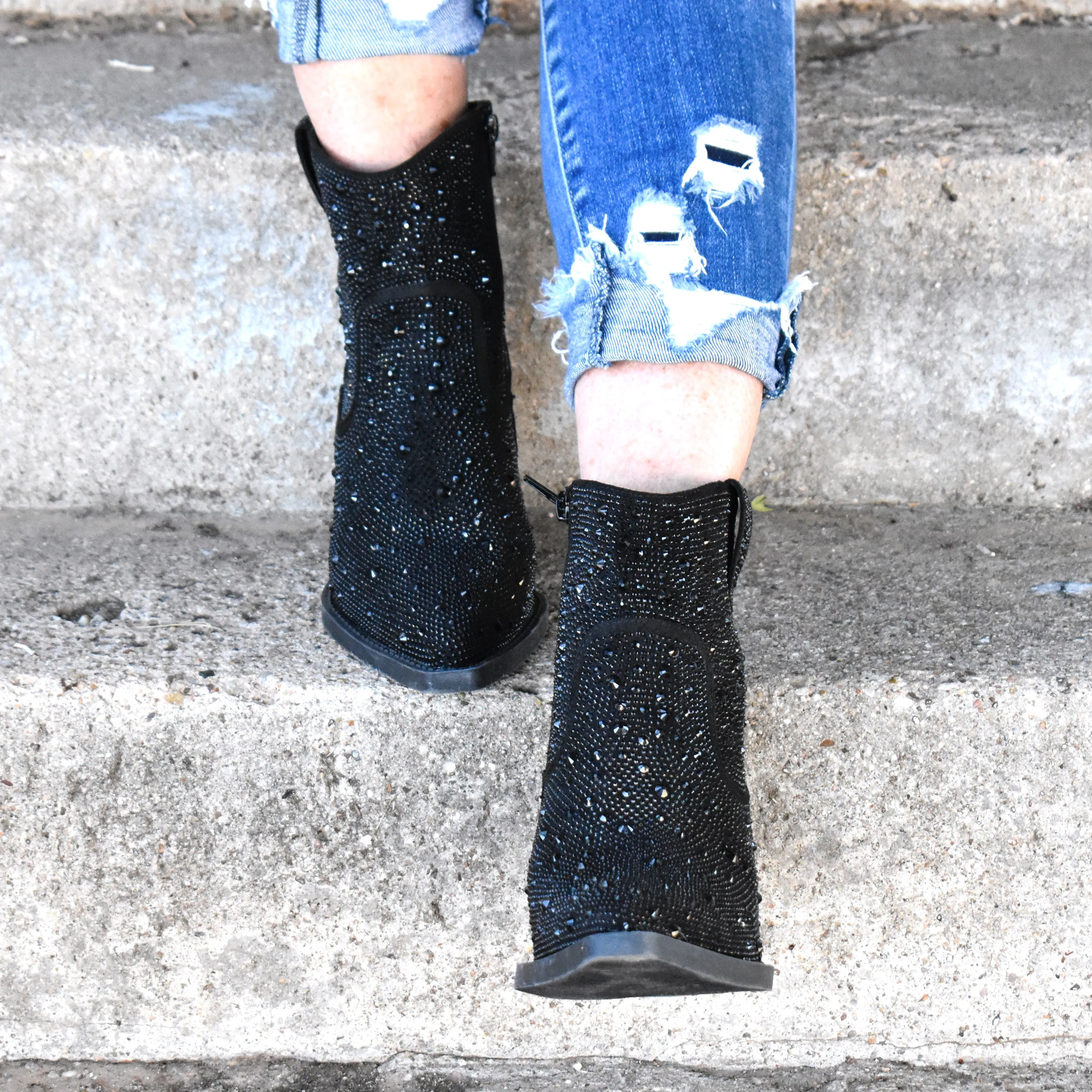 "Kady" Black Rhinestone Booties