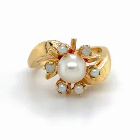 Retro Pearl Sputnik Ring, 14K Yellow Gold, Vintage 1950s Space Theme Statement