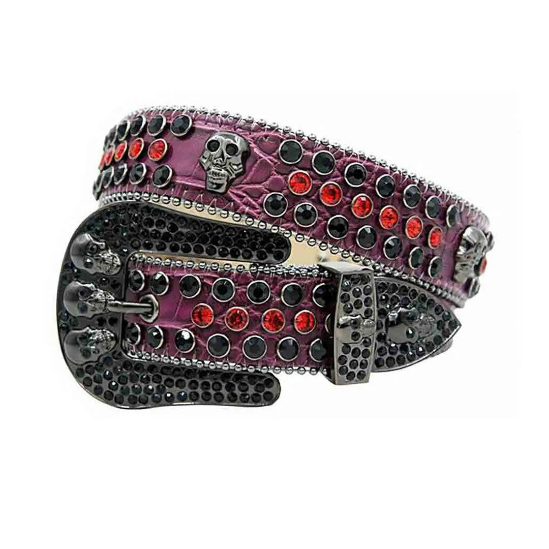 Rhinestone Skull Buckle Purple Strap With Black & Red Studded Belt