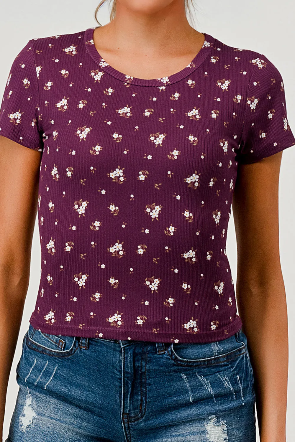 Rib Knit Printed Short Sleeve Tops - Purple, White Floral