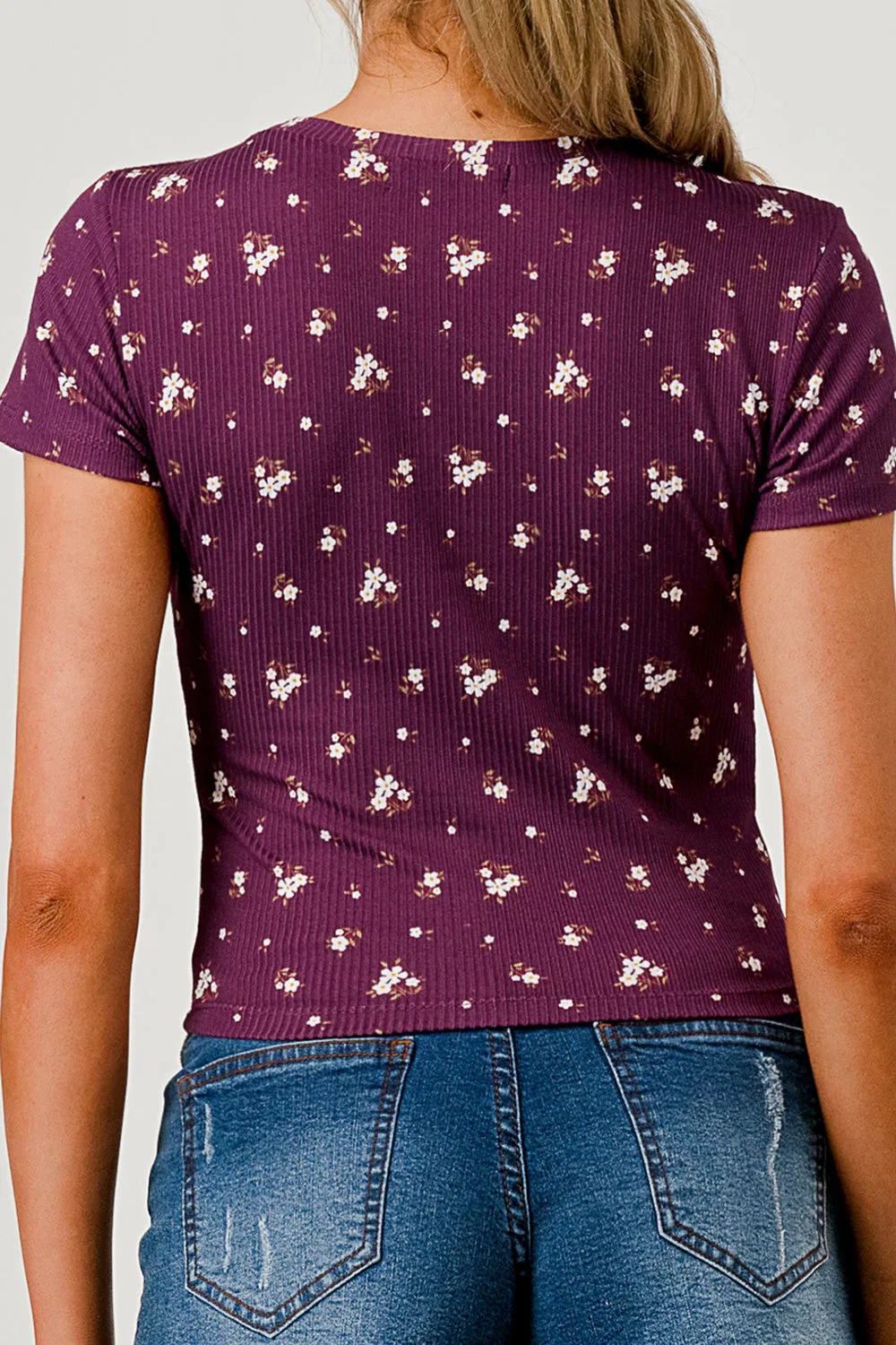 Rib Knit Printed Short Sleeve Tops - Purple, White Floral