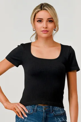 Rib Knit Square Neckline Short Sleeve Tops - Black