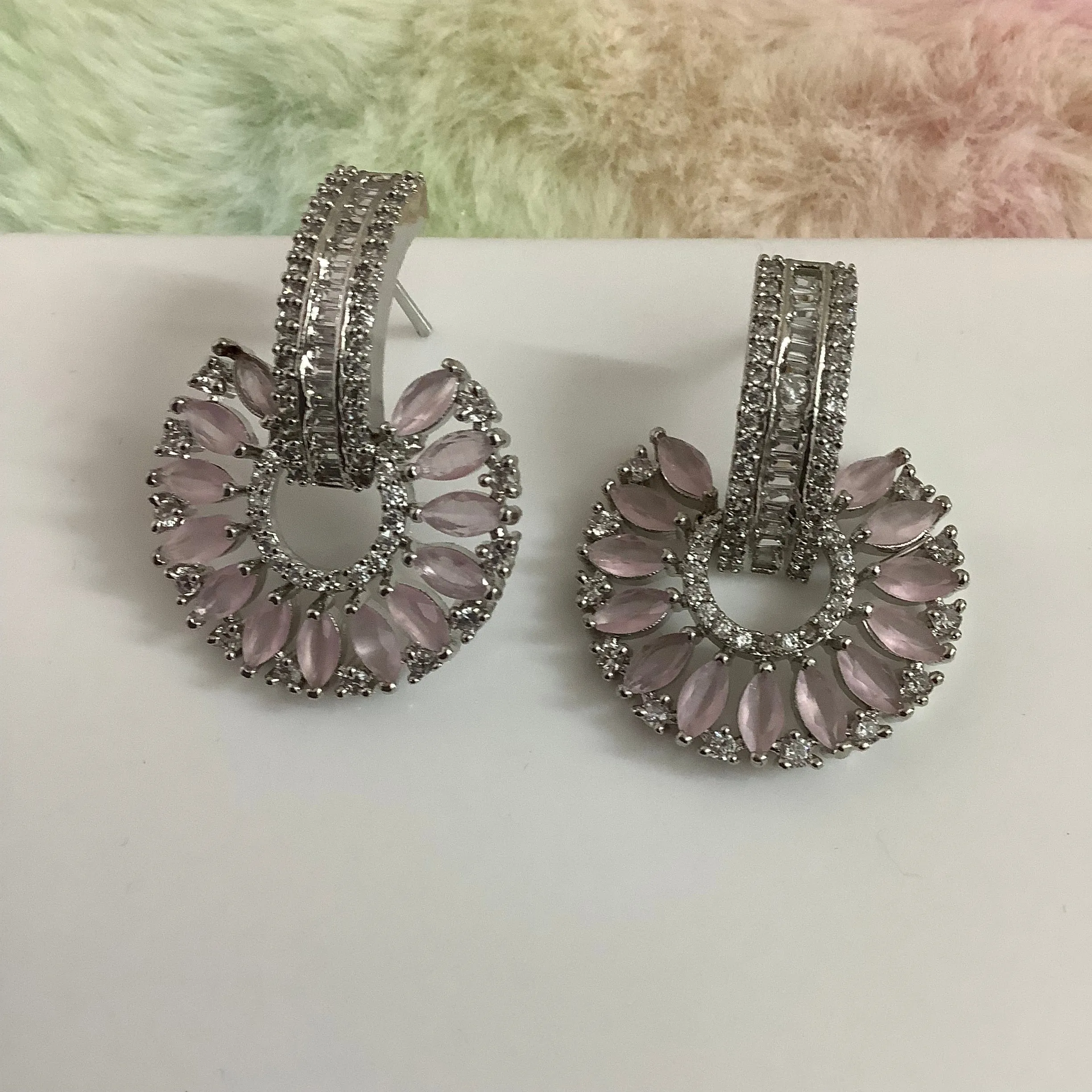 Salvanity American Diamond Earrings - SuryaMukham (Sun Face) - PINK