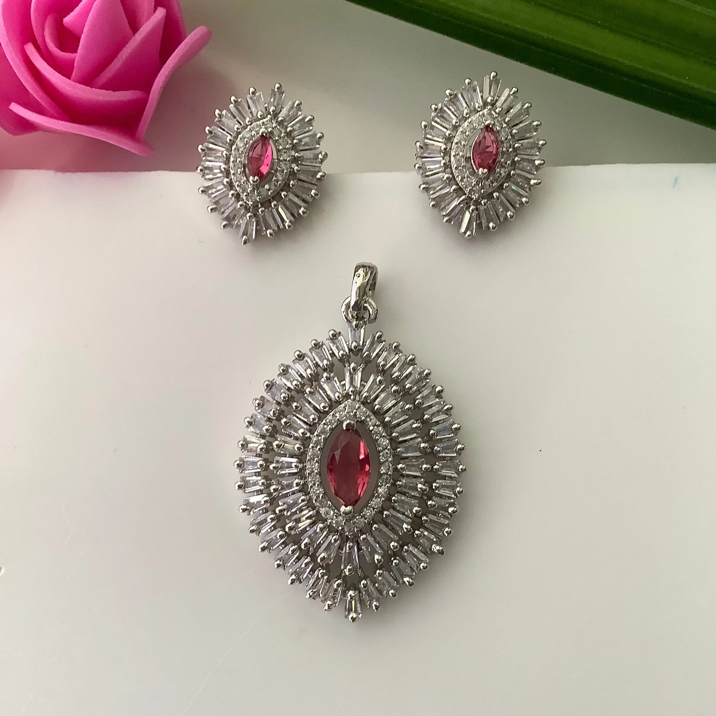 Salvanity American Diamond Pendant Set with earrings - Netra - Pink