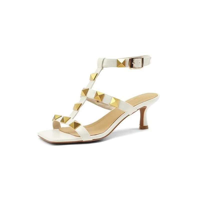 Sheepskin Rivet 55mm Kitty Heel Gladiator Sandals in Pink/Beige/Yellow